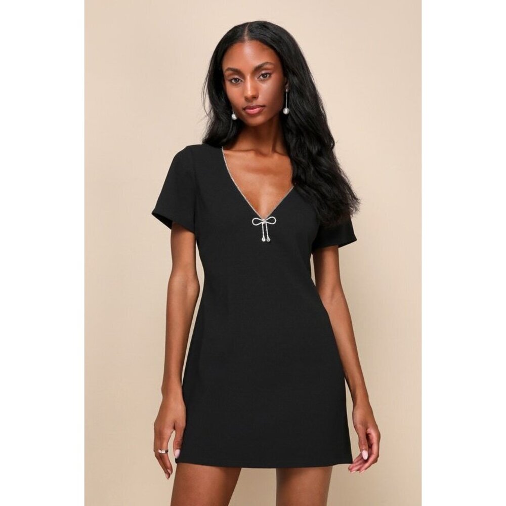 Lulus Charming Sparkle Black Rhinestone Bow Short Sleeve Mini Dress - Size S
